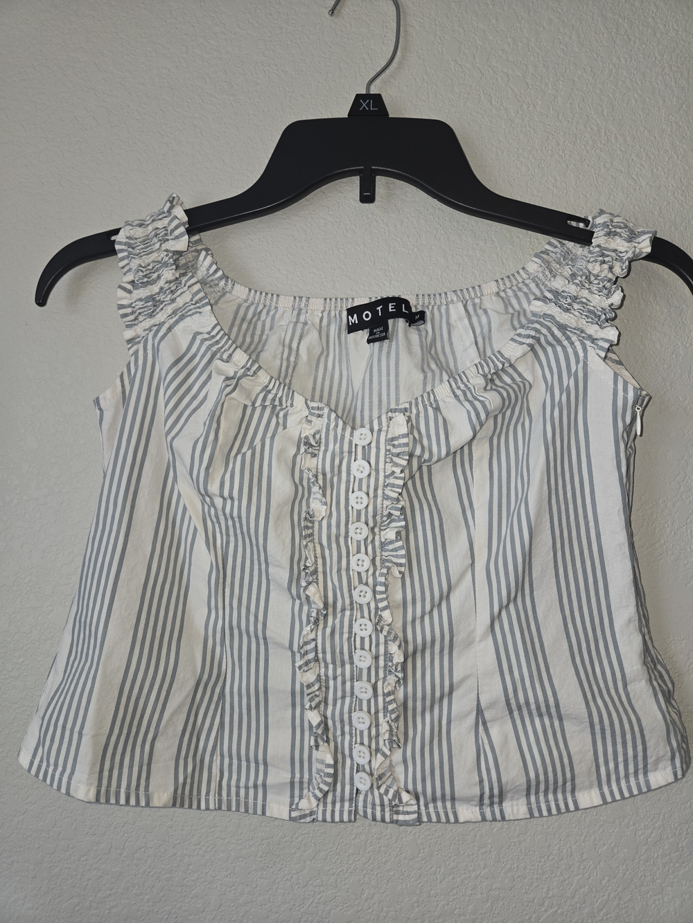 Motel Rocks white and light Blue striped ruffle button-front Cotton camisole Y2K